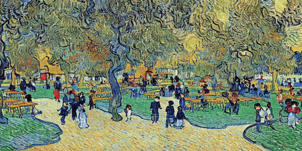 Prompt: highly detailed beautiful happy park, with childrens, by Van Gogh