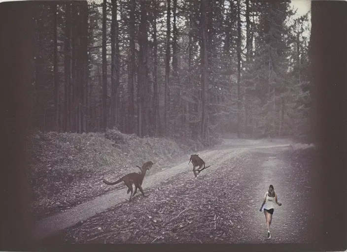 Prompt: medium shot, a young woman running towards the camera, a demon hound is chasing her, woods, polaroid photo, vintage, neutral colors, by gregory crewdson
