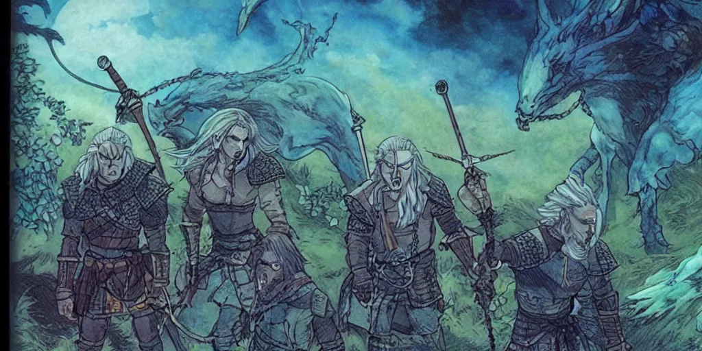 Prompt: the witcher fighting bioluminescent monsters in a ghibli cartoon, by larry elmore and brian froud,