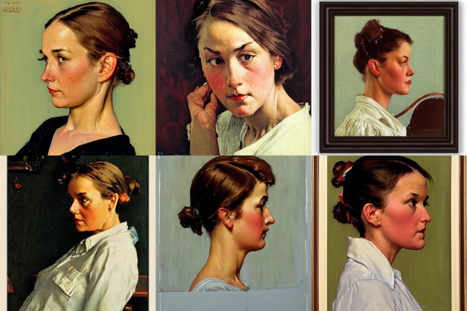 Prompt: Frontal portrait of the face of a beautiful woman, head tilted down. Painting by Norman Rockwell.