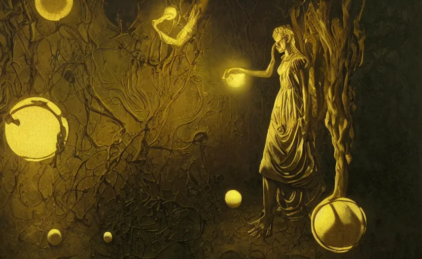 Prompt: a baroque neoclassicist portrait of an abstract sculpture holding dimly glowing orbs in a blue moonlit botanical courtyard at night. reflective textures. glowing fog. highly detailed fantasy science fiction painting by moebius, norman rockwell, frank frazetta, and syd mead. rich colors, high contrast, gloomy atmosphere, dark background. artstation