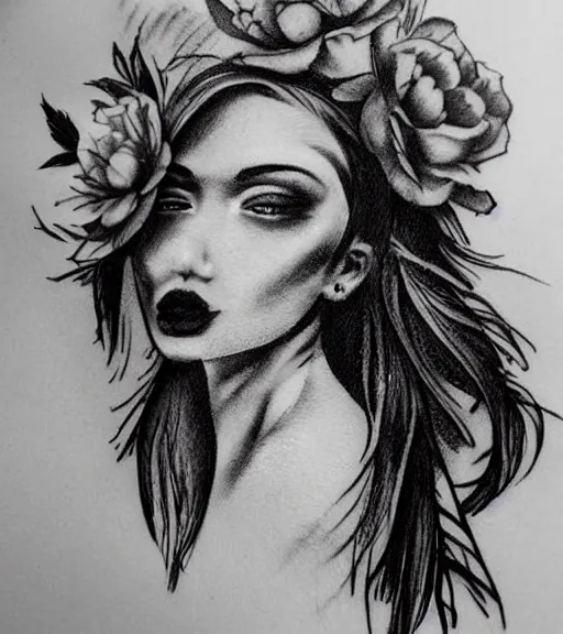 Image similar to tattoo design sketch of a perfect woman face with a faded background of beautiful mountains and nature on her side, hyper - realistic, in the style of den yakovlev, amazing detail, black and white