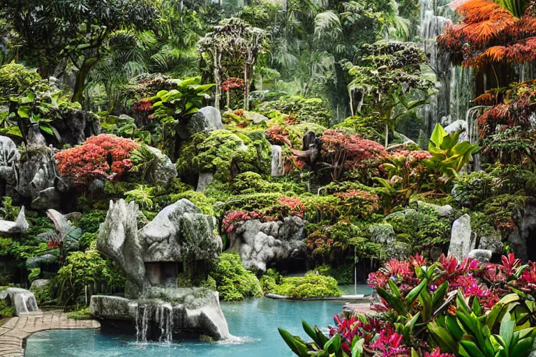 Prompt: brutalist white Aztec structures, manicured garden of eden, vivid pools and streams, tropical foliage, bromeliads, azaleas, Japanese maples, birds, sculpture gardens, Winter, by Jessica Rossier and Brian Froud