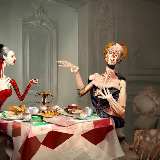 Image similar to A harlequin, an articulated mannequin, and an anatomical Venus are having a tea party, matte painting, artstation