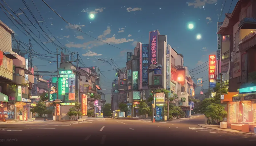 Prompt: A highly detailed matte painting of a suburban tokyo street with a bright shimmering sky by Studio Ghibli, Mokoto Shinkai, by Artgerm, by beeple, volumetric lighting, octane render, 4K resolution, trending on artstation, vivid colours