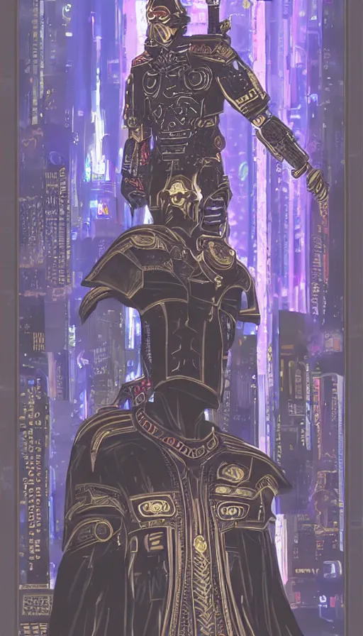 Image similar to a tarot card of the emperor, cyberpunk themed art, concept art