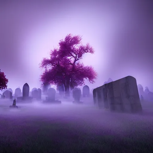 Prompt: ethereal graveyard with purple fog and a rising blood moon, high detail, 4k, octane render