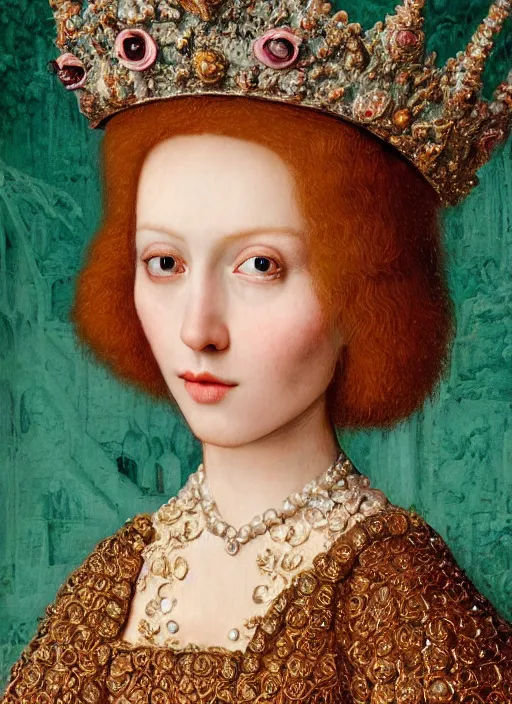 Image similar to closeup medieval jan van eyck face portrait of a fairytale princess wearing a crown eating cakes in the castle, bikini, depth of field, zeiss lens, detailed and intricate environment, fashion photoshoot by nicoletta ceccoli, mark ryden, lostfish, breathtaking, 8 k resolution, extremely detailed, beautiful, establishing shot, artistic, hyperrealistic, octane render