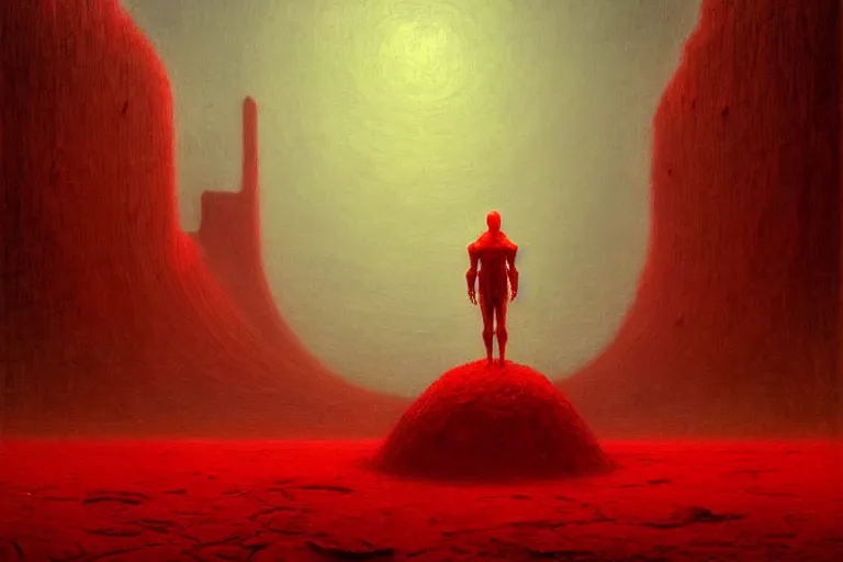 Image similar to only with red, red god of death eat apple, a futuristic city on mars in the background, red worms on the floor, in the style of beksinski, part by hopper, part by rodcenko, part by hofbauer, intricate composition, red by caravaggio, insanely quality, highly detailed, masterpiece, red light, artstation, 8 k