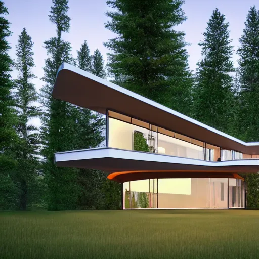 Image similar to a modern house in the woods. the house is the shape of a mobius strip with large picture windows. there are pine trees all around. digital art, 3 d render.