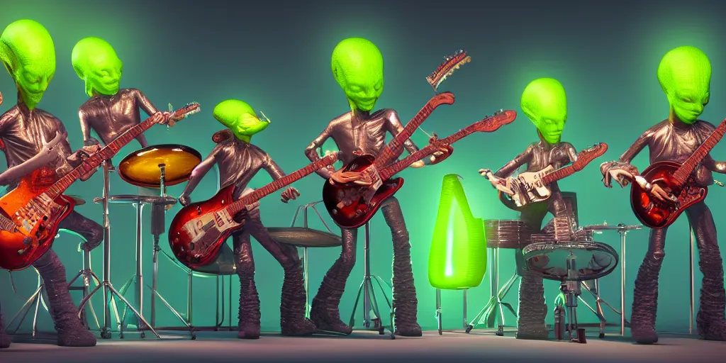 aliens band play on drums and guitar, piano, rock | Stable Diffusion