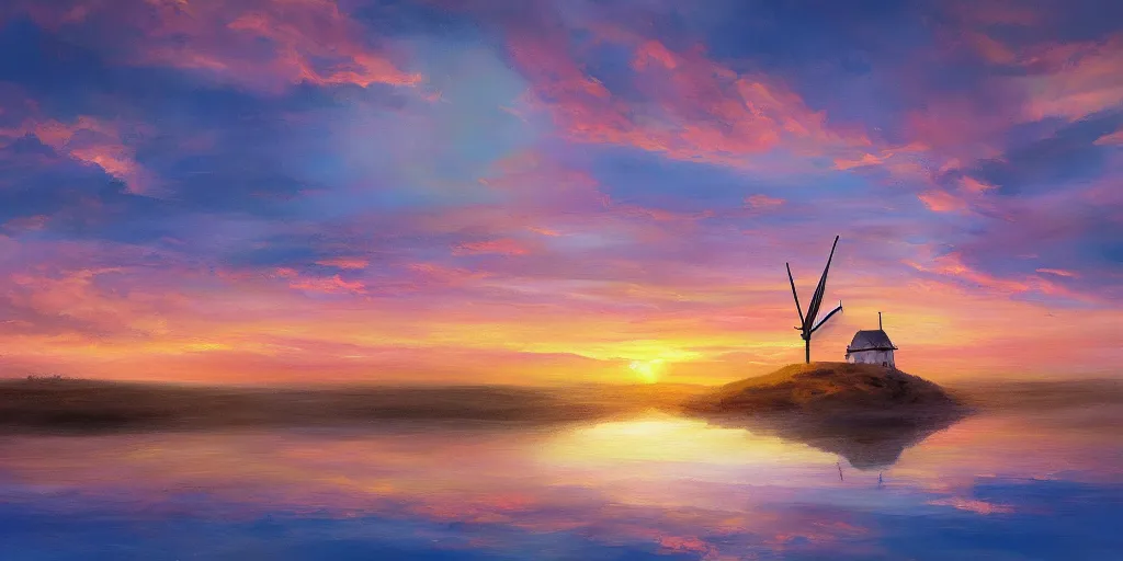 Image similar to Beautiful painting of a pretty sunset with a floating island floating high in the sky, a windmill on top of the floating island, 4k, art station