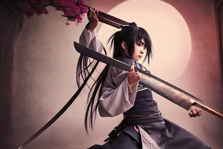 Prompt: highly detailed, beautiful photo of a madison beer as a female samurai, practising sword stances, art by koyoharu gotouge, symmetrical face. beautiful eyes, realistic, 8 k, award winning photo, pastels colours, action photography, 1 / 1 2 5 shutter speed, sunrise lighting,