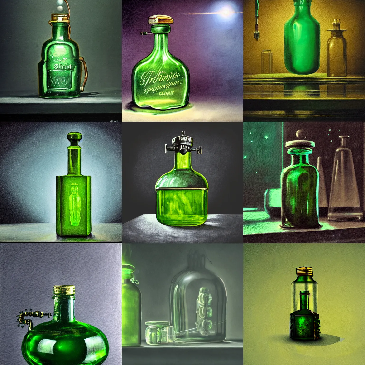 Prompt: a painting of a small green shiny steampunk potion bottle on the edge of a thin dark counter in a dark dusty vintage science lab, by h. r. giger, hyperrealistic fantasy art, concept matte, ethereal, dreamy, digital art, trending on artstation, volumetric cinematic lighting