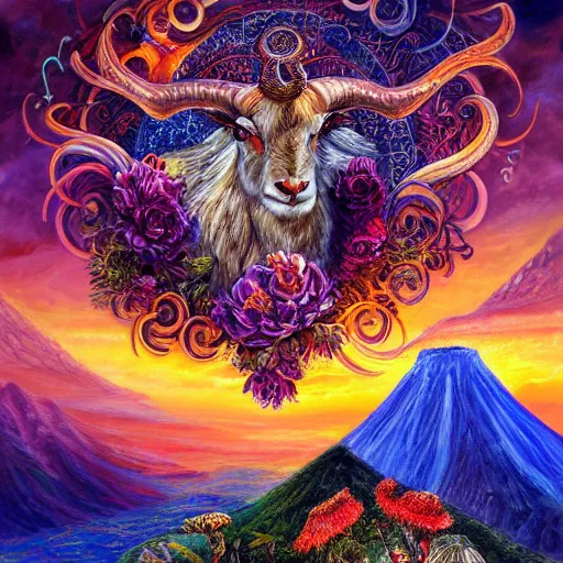 Image similar to painting by senior concept artist josephine wall, horned ram goddess checking her cell phone, erupting volcano and sunset in distance in background, flowers in foreground, trending on artstation, zodiac, fantasy, acrylic on canvas, intricately detailed, highly detailed, high resolution, hd, hdr, 8 k