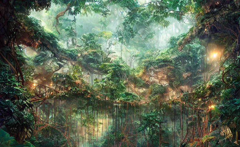 Prompt: a lush jungle, wooden structures in the trees connected by rope bridges, filtered light from the canopy, fantasy digital painting, stunning, intricate details, artwork by ross tran and artgerm