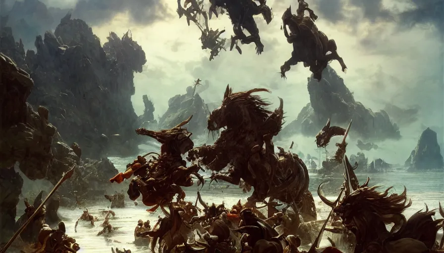 Image similar to barbarians, nodric gods, fighting epic battle on floating islands in the sky, good composition, artstation, 4 k illustration, sharp focus, sunlit, painted by ruan jia, raymond swanland, lawrence alma tadema, zdzislaw beksinski, norman rockwell, jack kirby, tom lovell, alex malveda, greg staples