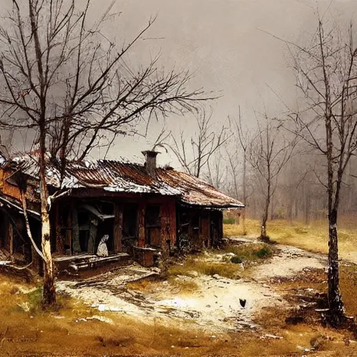 Image similar to painting by jakub rozalski of abandoned eastern european village