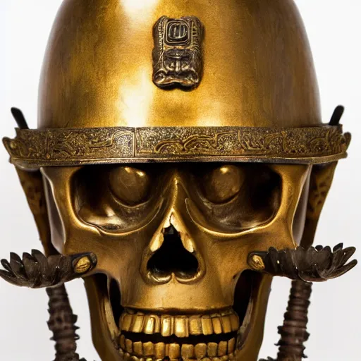 Image similar to old bronze skull of toyotomi hideyoshi wearing a samurai helmet, professional photo shot, depth of field, intricate details