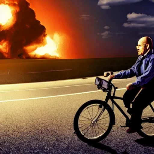 Image similar to photo of walter white riding a bike with an exploding building behind him, color, cinematic lighting