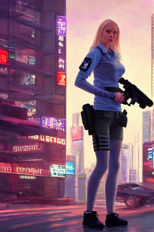 Image similar to blonde haired female lady wearing tech wear with a gun holster looking at a bank in a cyberpunk city full of high rise buildings and neon signs by Daniel F. Gerhartz, hyperrealistic oil painting, 4k, very detailed faces, studio lightning, hard focus, beautiful volumetric lighting, epic light, ultra detailed