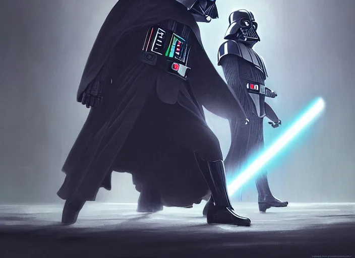 Image similar to a Photorealistic dramatic hyperrealistic render of darth vader facing off against a cute corgi, futuristic star wars vibe, by WLOP and Artgerm and Greg Rutkowski and Alphonse Mucha, Beautiful dynamic dramatic dark moody lighting, shadows, cinematic atmosphere, Artstation, concept design art, Octane render, 8K, masterpiece, sharp focus