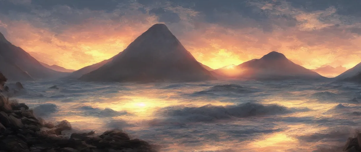 Image similar to digital painting of a detailed sunset over the ocean, ultra detailed Buddhist temple on the beach behind a forest, large mountains in back, concept art, low angle, high detail, warm lighting, volumetric, godrays, vivid, beautiful, trending on artstation, by Jordan Grimmer, no focus, huge scene, ultra detailed ripples, F11 aperture, levitating Buddhist monk dressed in yellow garment silhouette, in the style of ALBERT BIERSTADT