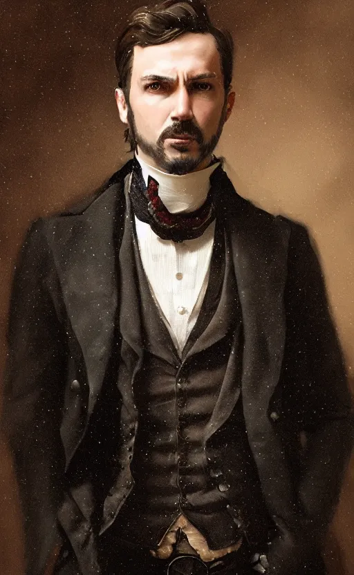 Image similar to portrait of a victorian gentleman wearing a waistcoat, male, detailed face, victorian, highly detailed, cinematic lighting, digital art painting by greg rutkowski