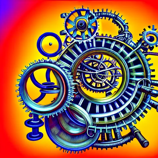 Prompt: a complicated time travel machine engine contraption with sprockets springs cranks cylinders hoses pistons, high detail, intricate abstract, detailed abstract, isometric, optical illusion, infinity, golden ratio, Fibonacci, cubism, color pencil, bright colors, vivid colors, hyper detailed, high resolution, artstation, a tiny bit of M.C. Escher