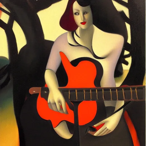 Image similar to goth girl playing electric guitar at dusk, oil painting by Tamara de Lempicka, masterpiece