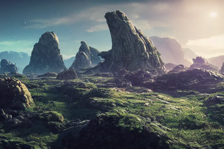 Image similar to Landscape of a beautiful alien world. Cinematic lighting. Photorealism.