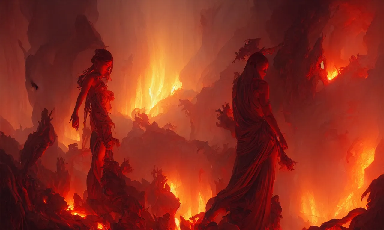 Image similar to Purgatory, fire in hell, highly detailed, digital painting, artstation, concept art, smooth, sharp focus, illustration, art by artgerm and greg rutkowski and alphonse mucha