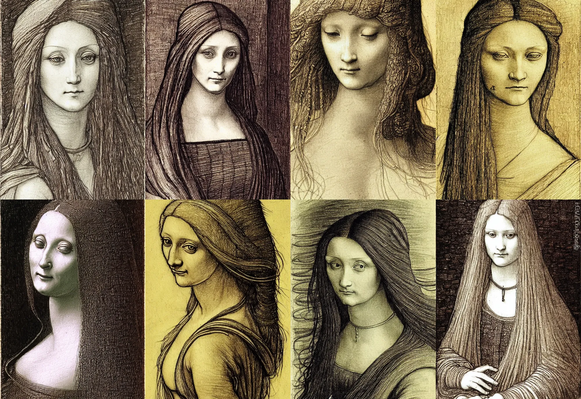 Prompt: highly detailed drawing of a woman with long hairs, art by leonardo davinci, detailed and intricate environment