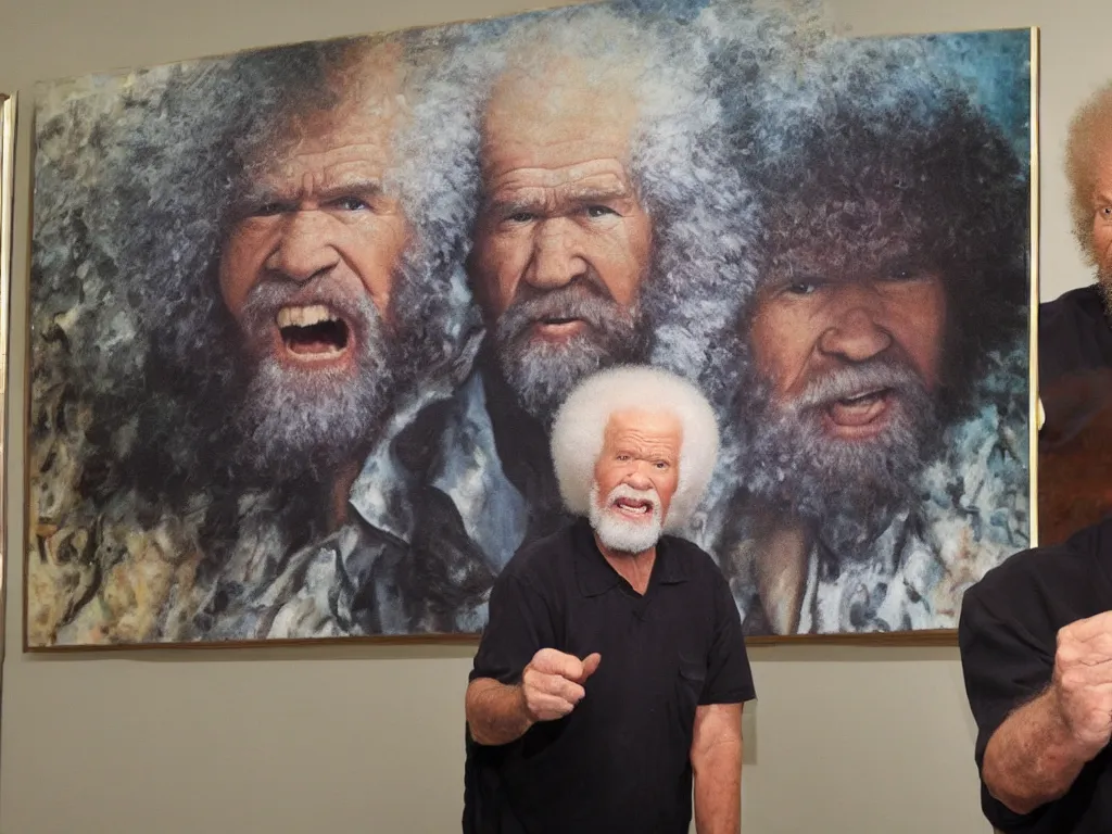 Prompt: old bob ross is sad and angry and yelling at a huge painting by bob ross, eyes