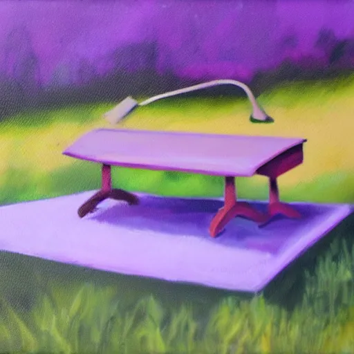 Image similar to realistic painting of a desk on a purple field