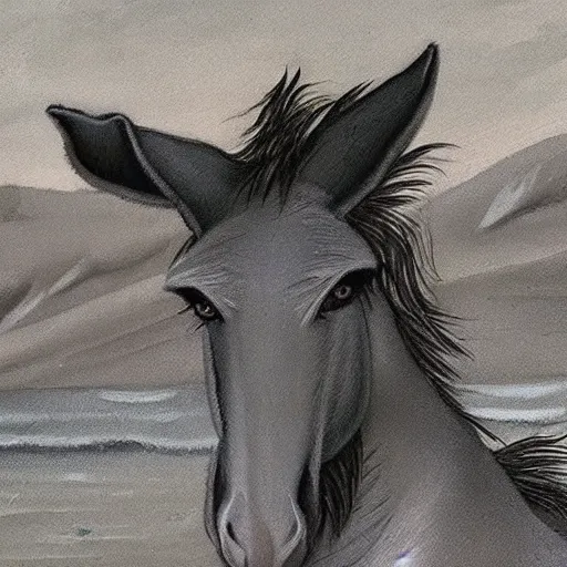 Prompt: “a miserable donkey crying by the seashore, sorrowful, detailed realistic donkey”