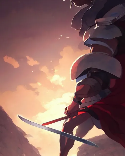 Image similar to powerful muscular warrior with a greatsword, fully clad in plate armor and wearing a cape, dramatic action pose, square masculine jaw, short messy hair, trending on pixiv fanbox, by greg rutkowski makoto shinkai takashi takeuchi studio ghibli, akihiko yoshida