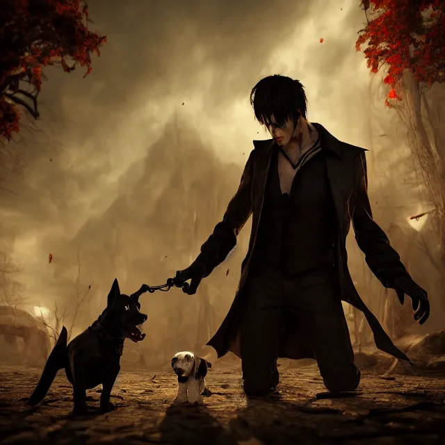 Image similar to vampire and his dog, hyper realism, cinematic shot, dramatic ambient lighting, epic composition, fine details, unreal engine, 8 k, concept art, digital art, deviantart artstation, ray tracing, intricate complexity, extremely detailed, very sharp,