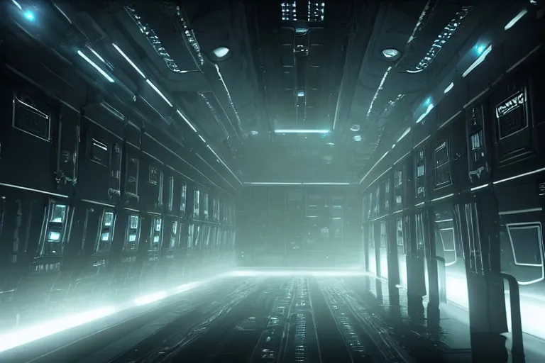 Prompt: a dark sci - fi scene of a spacecraft interior, corridor, rows of doors, sparks from ceiling lights in the style of dead space, cinematic,