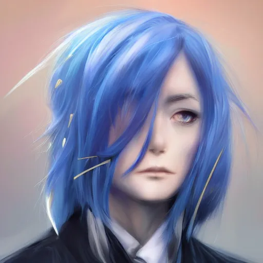 Image similar to side profile of rimuru tempest with sky blue hair, long hair, sharp face, gold eyes, high collar, black jacket | shiny, highly detailed, rain, professional digital painting, concept art, award - winning photography, cinematic, wlop | art by pixiv art, yoshitaka amano, deviantart