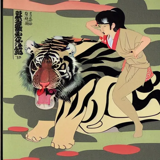 Image similar to a delorean protecting a tiger, japanese magazine collage, art by hsiao - ron cheng and utagawa kunisada