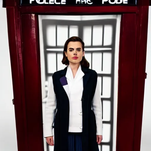 Image similar to a beautiful full body photograph of hayley atwell dressed as doctor who standing in front of the tardis, symmetrical face, extreme realism and detail, 8 k, completely framed, direct lighting, 3 5 mm photo, photorealistic, sharp focus