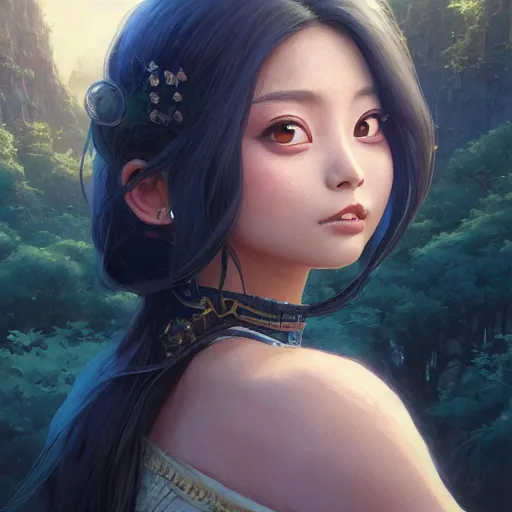 Image similar to highly detailed portrait of tzuyu from twice, stephen bliss, unreal engine, fantasy art by greg rutkowski, loish, rhads, ferdinand knab, makoto shinkai and lois van baarle, ilya kuvshinov, rossdraws, tom bagshaw, global illumination, radiant light, detailed and intricate environment