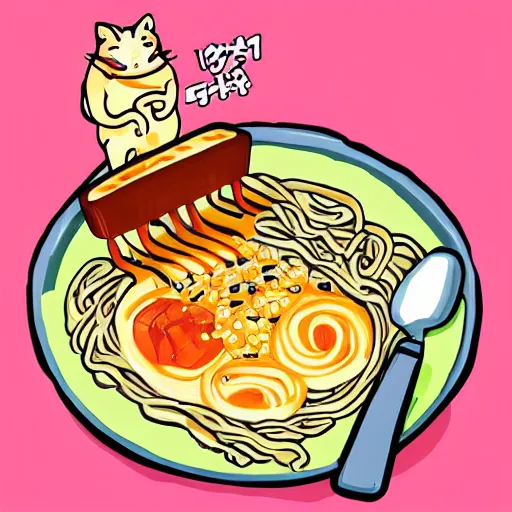 Image similar to fat cat eating ramen noodles on toast, japanese art artstation trending