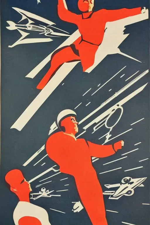 Image similar to ussr propaganda poster of 1 9 5 0 s space race, futuristic design, dark, symmetrical, washed out color, centered, art deco, 1 9 5 0's futuristic, glowing highlights, intense