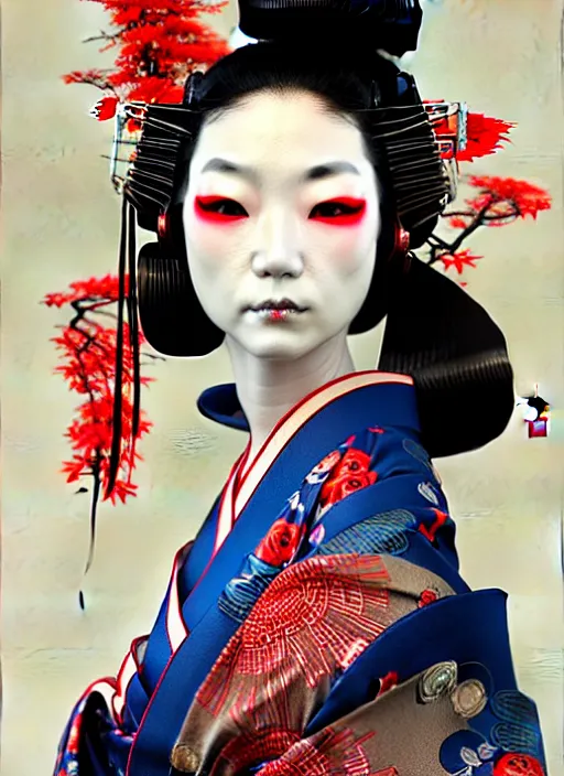 Image similar to beautiful japanese geisha wearing vr eyepiece, elaborated intricate geisha kimono, robotic, android, cyborg, cyberpunk face, steampunk, fantasy, intricate, elegant, highly detailed, colorful, vivid color, digital painting, artstation, concept art, art by artgerm and greg rutkowski and ruan jia,