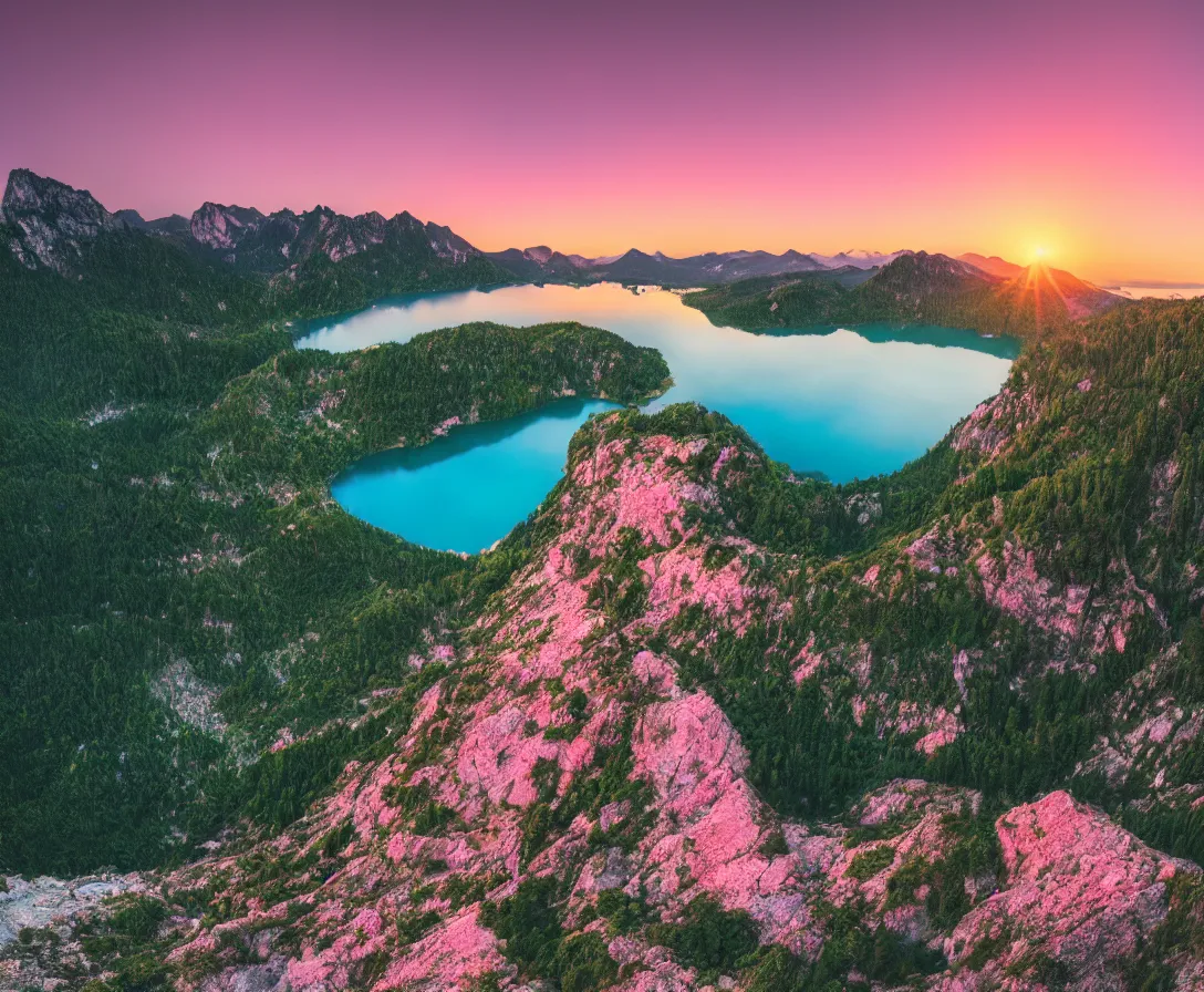 Prompt: wide angle photography, majestic mountains, beautiful lake, lush landscape, pink sky, sunset, high res, 8k