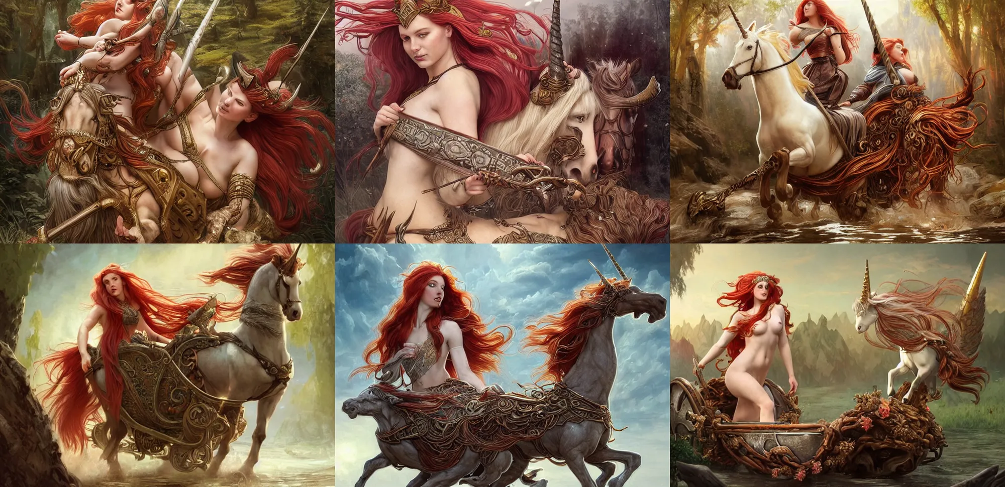 Prompt: A gorgeous Norse Goddess with log flowing red hair being pulled by two unicorns in her chariot, fantasy, intricate, elegant, highly detailed, D&D, digital painting, artstation, concept art, matte painting, sharp focus, illustration, in the style of Greg Rutkowski and Alphonse Mucha and artemisia gentileschi