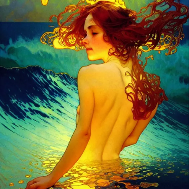 Image similar to backlit ocean waves of glossy kaleidoscopic liquid honey drops flowing like psychedelic translucent amber, lsd waves, lsd ripples, backlit, sunset, refracted lighting, art by collier, albert aublet, krenz cushart, artem demura, alphonse mucha