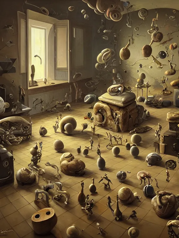 Prompt: a bunch of strange looking objects in the middle of a room, a surrealist painting by brian despain and pascal blanche, cgsociety, pop surrealism, dystopian art, surrealist, fractalism